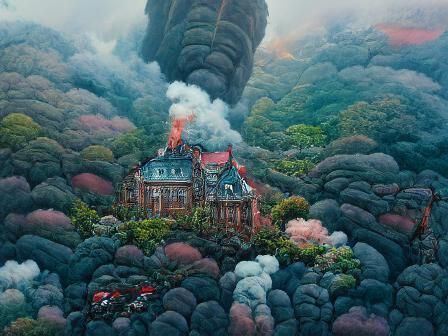 Volcanic Fantasy Mansion in Ghibli-esque Style