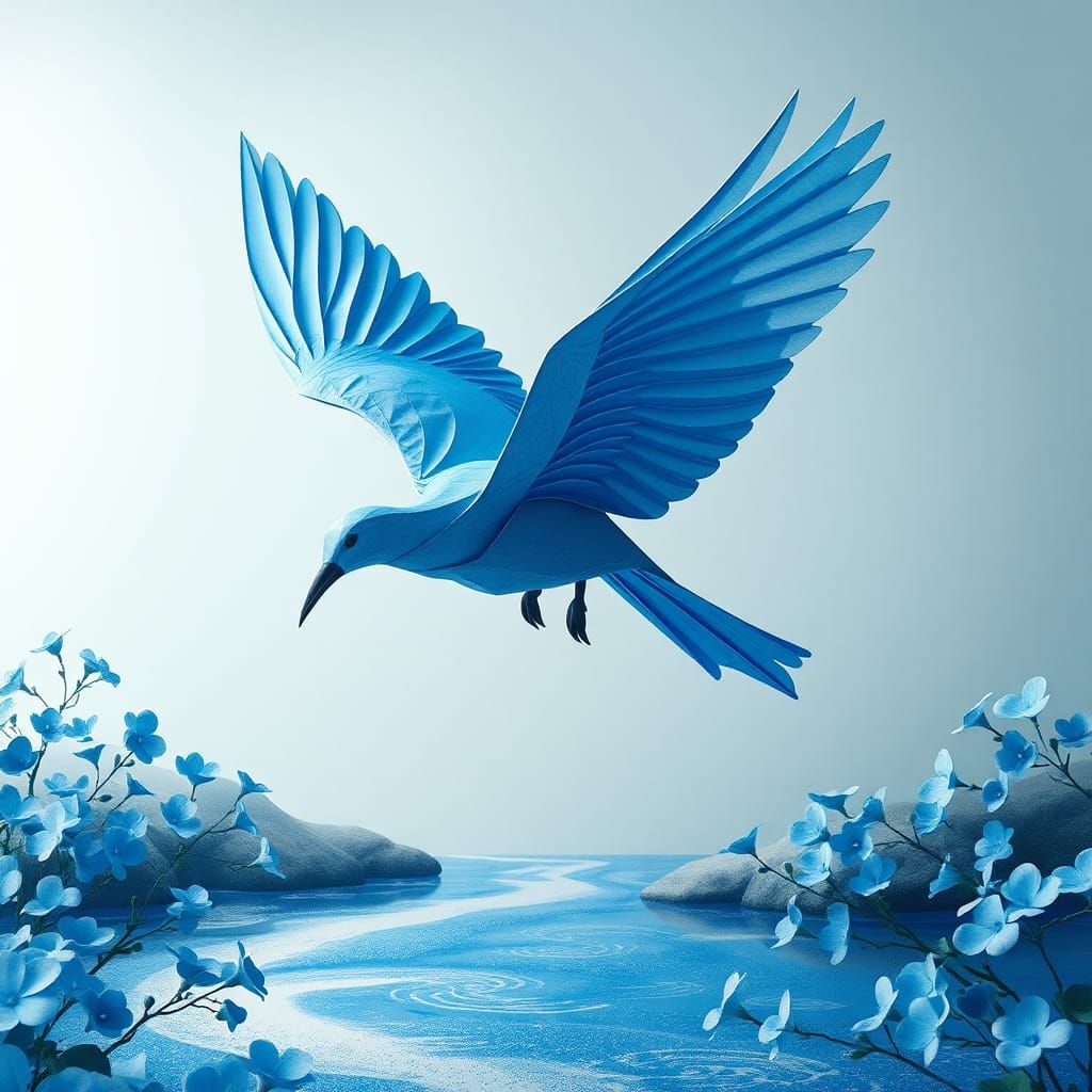 Origami Bluebird Soaring Over Luminous River