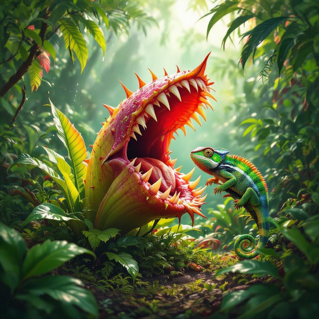 Carnivorous Plant Devours Chameleon in Lush Jungle
