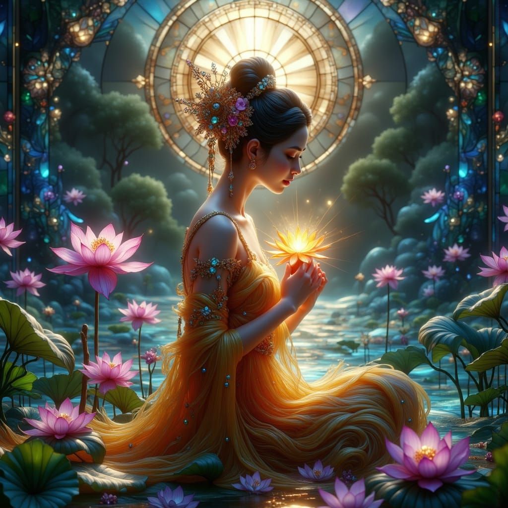 Surreal Stained Glass Goddess Radiates Serenity with Glowing...