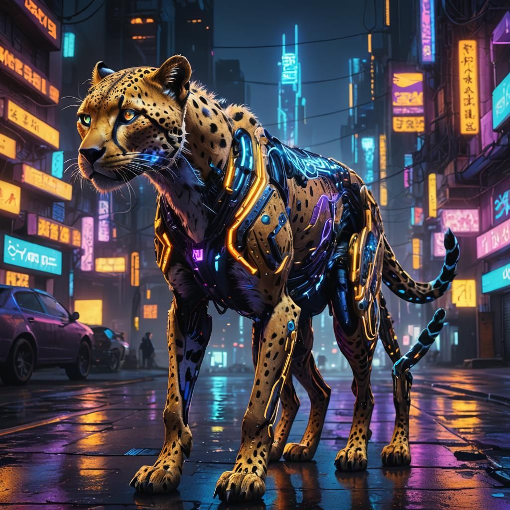 Cybernetically Enhanced Cheetah in Cyberpunk Cityscape