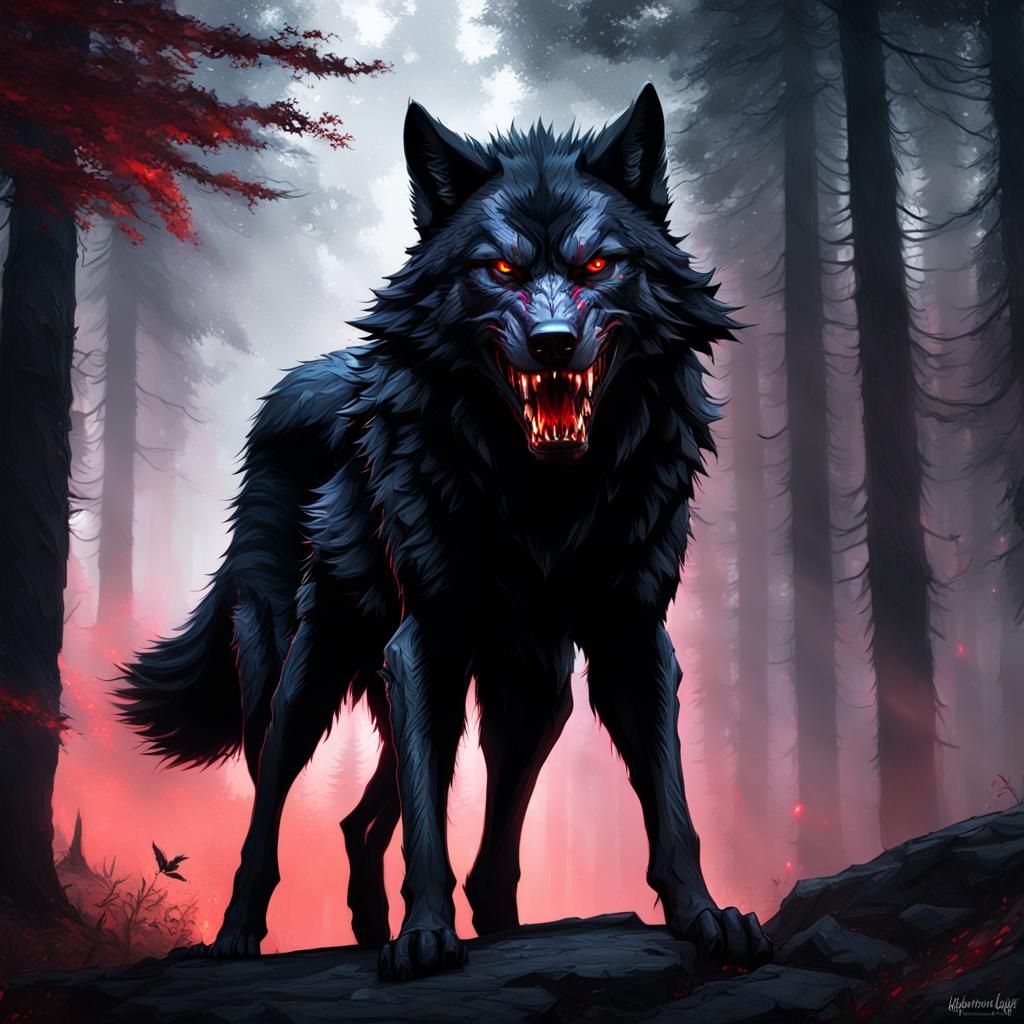 Intimidating Black Wolf with Red Eyes, Digital Art