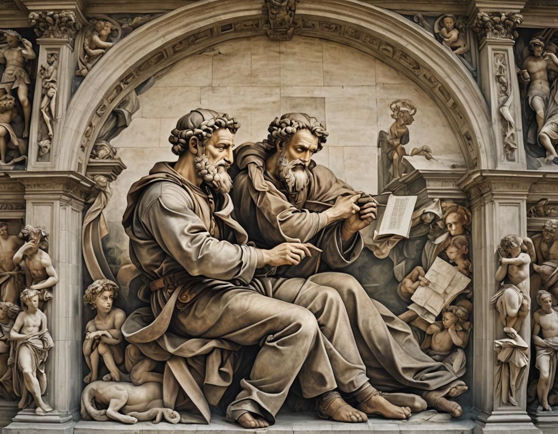 The Renaissance artist Michelangelo creating a mural of art on city walls