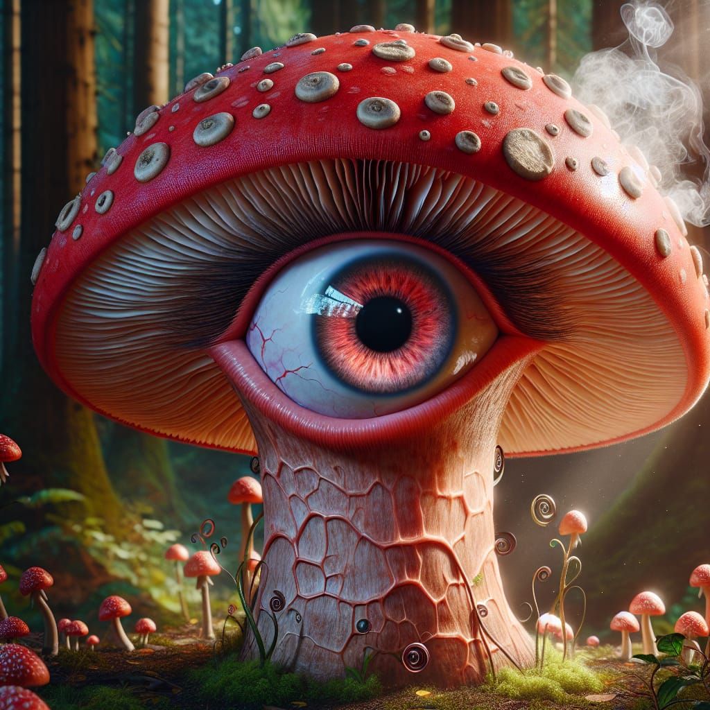 Red spotted mushroom, in forest setting.