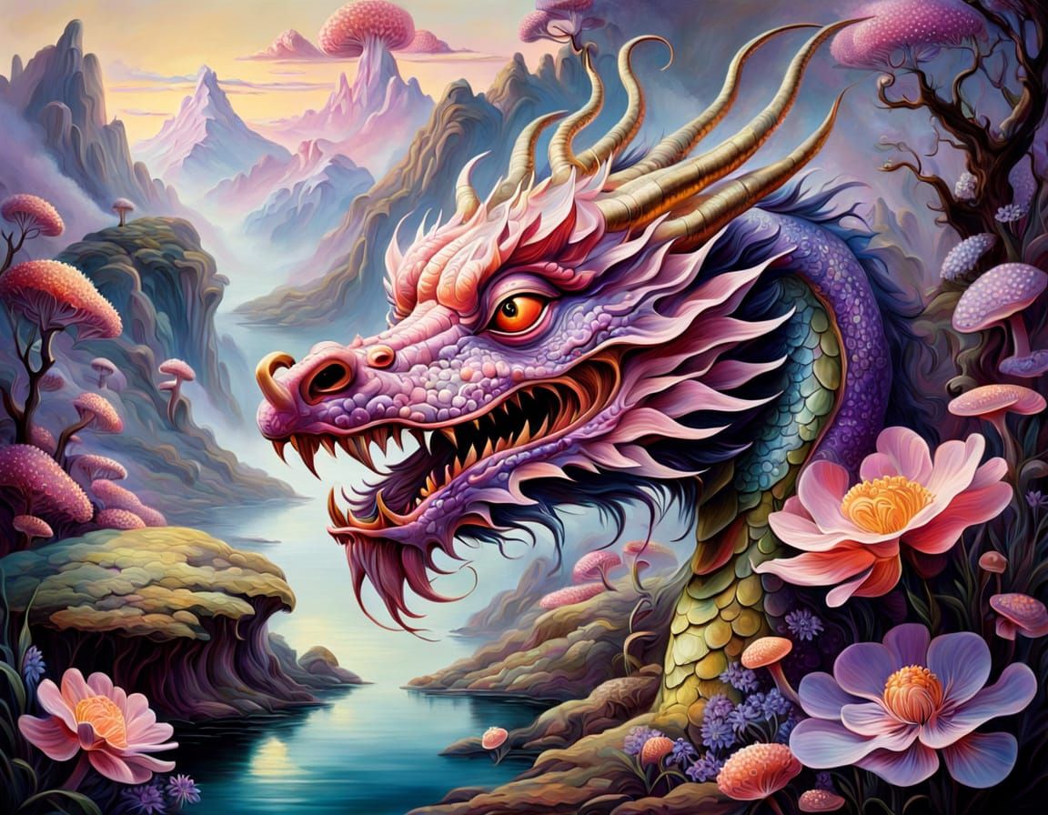 Surreal Oil Painting of a Chinese Dragon's Dreamlike Face