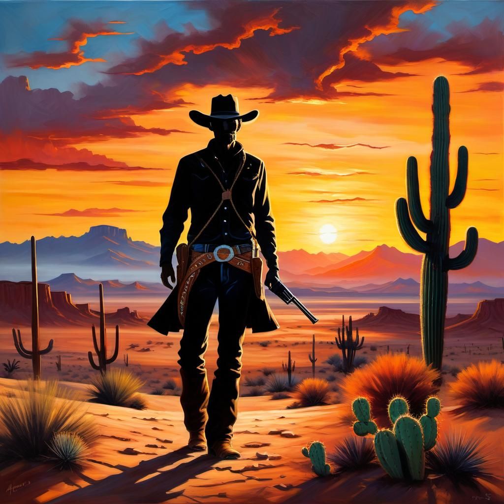 Cowboy Silhouette Against Sunset in Hyperrealistic Painting