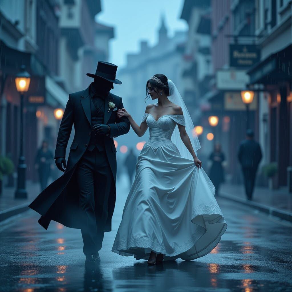 Woman in White Dress Dances with Shadowy Figure