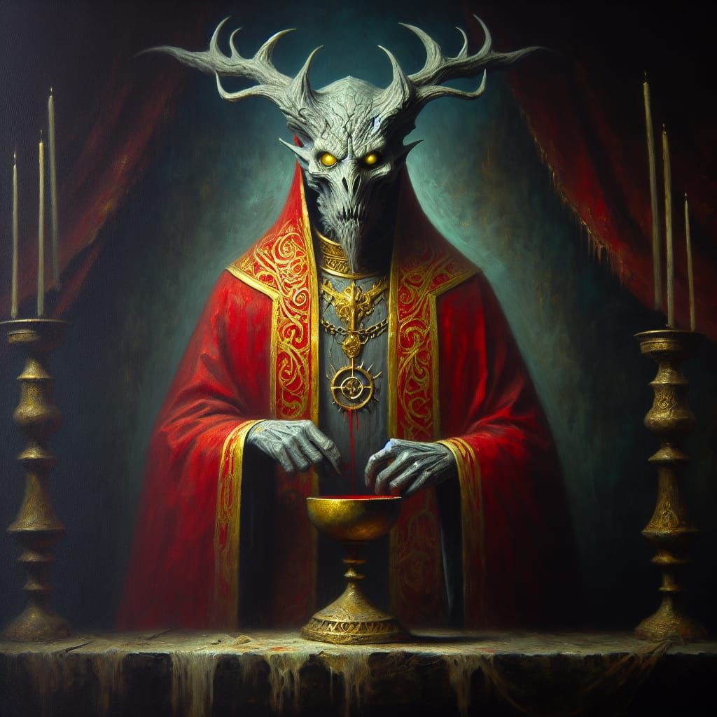 Menacing Antlered Entity at Altar, in Realism Style