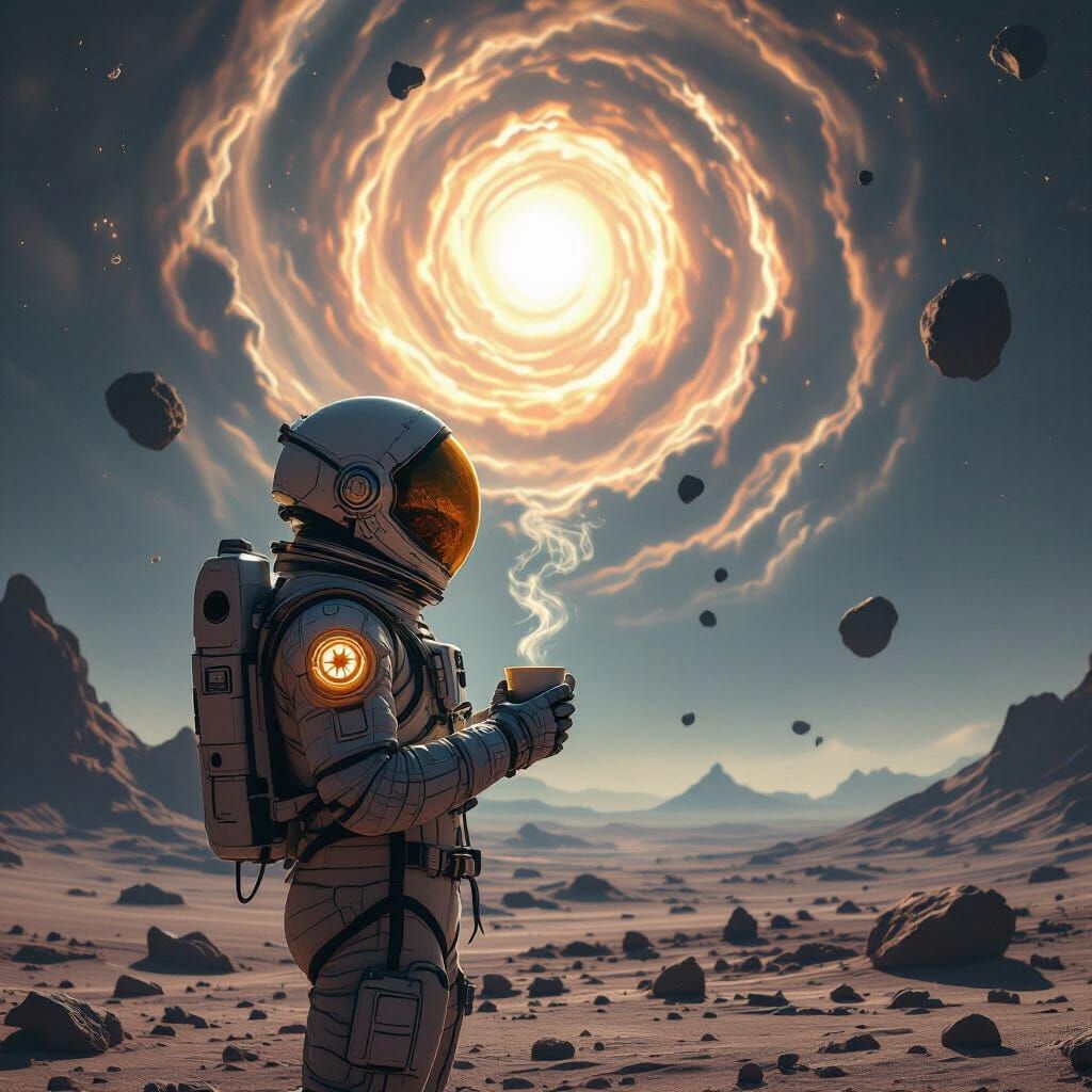 Astronaut Gazing at Vortex on Alien Planet