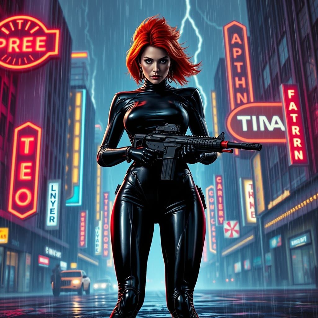 Cyberpunk Woman with Energy Rifle in Noir Style