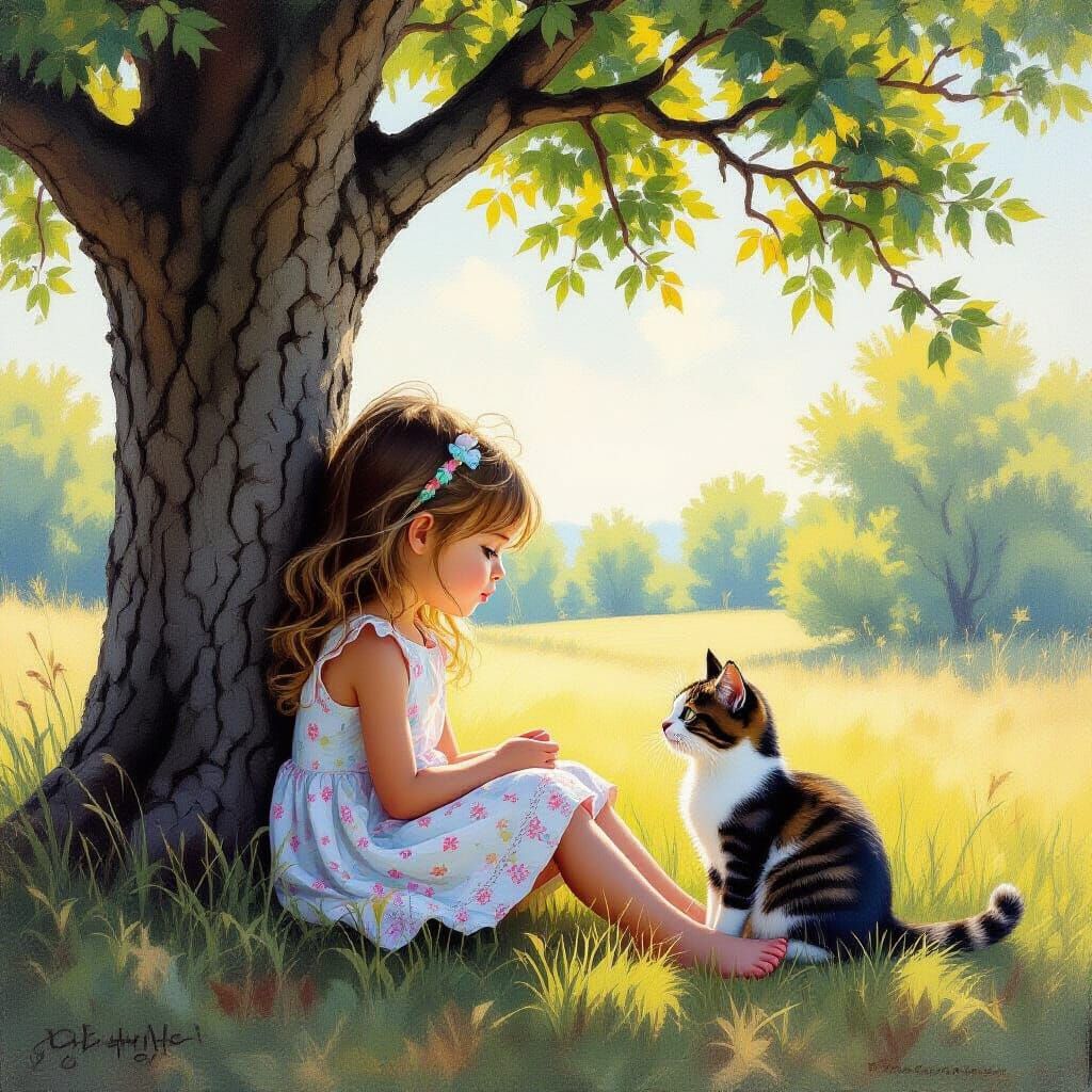 Little Girl and Cat Under Tree Oil Painting