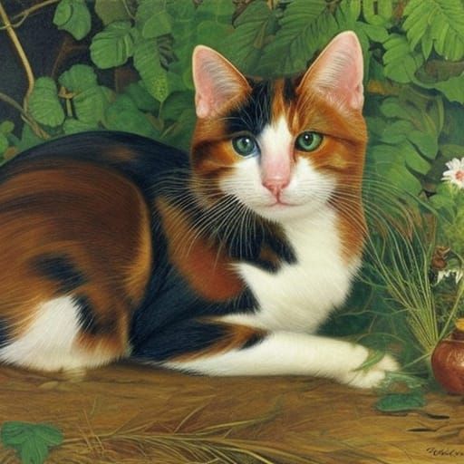 Regal Calico Cat in Pre-Raphaelite Style