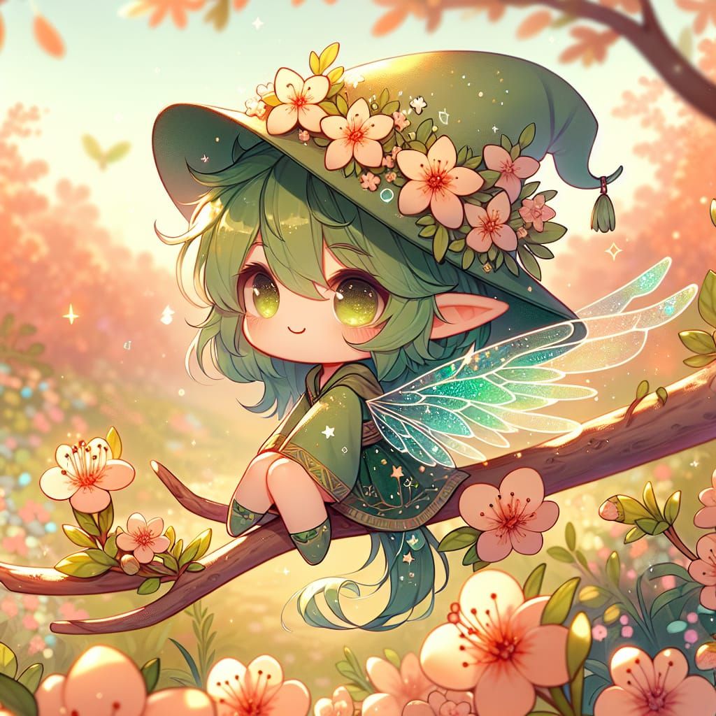 Charming Chibi Green Witch on Flowering Branch
