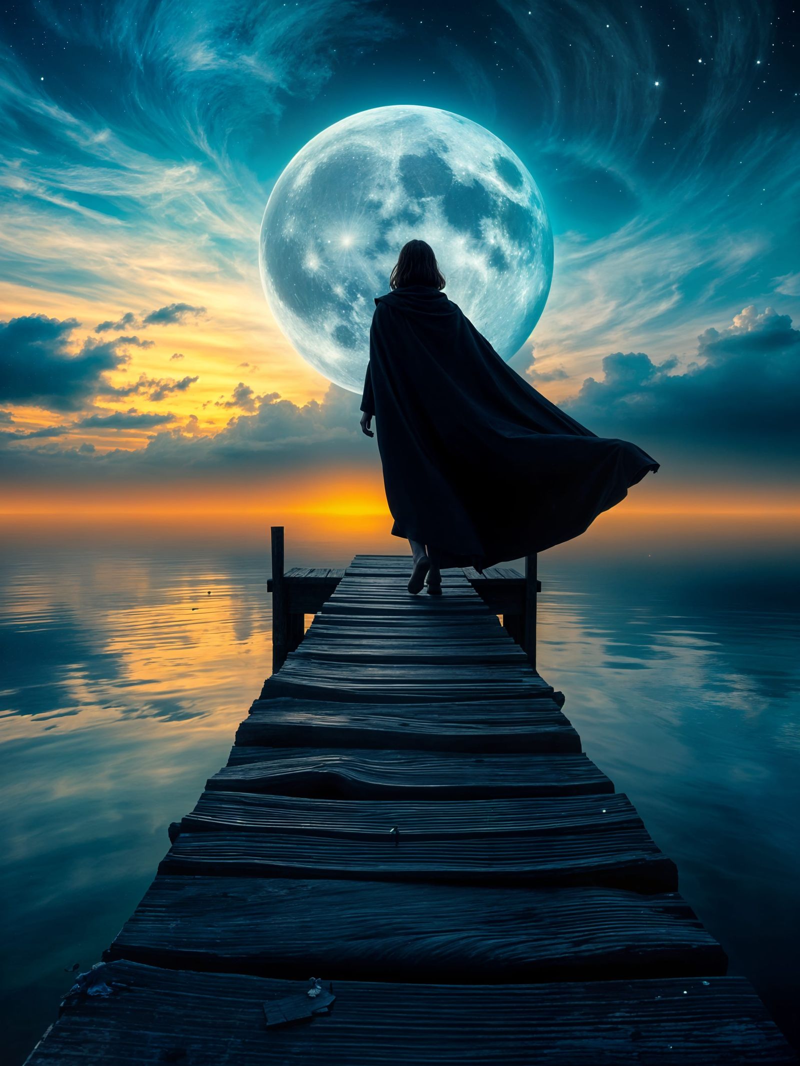 Mystical Moonlit Nightscape with Woman on Pier