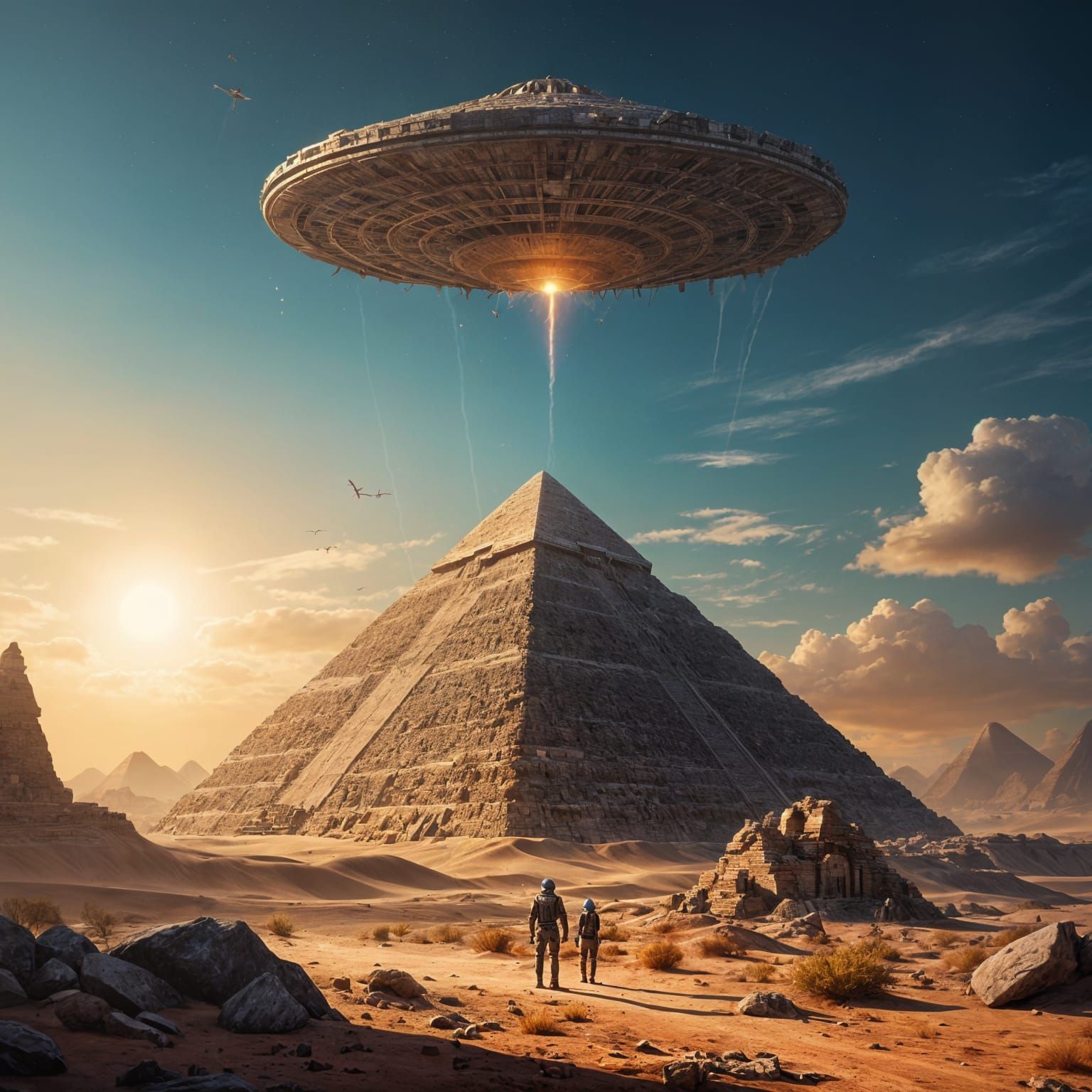Aliens Constructing Ancient Wonders in a Fantastical Scene