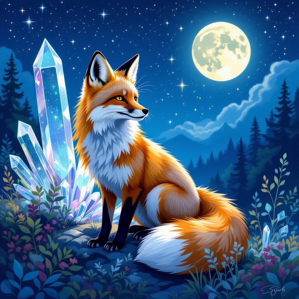 Crystal Fox in Mystical Night Landscape