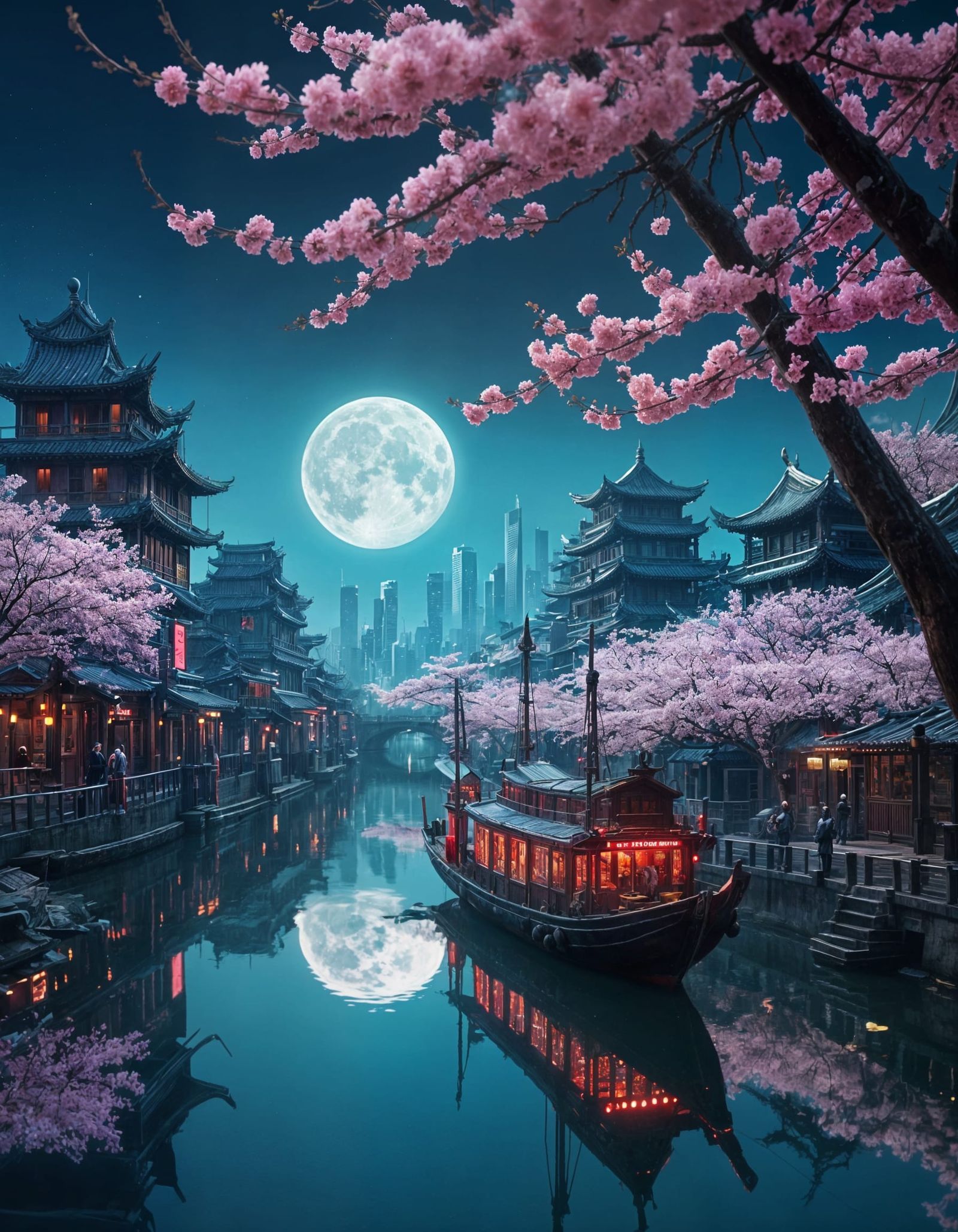 Cyberpunk Cityscape with Chinese Junk Boat