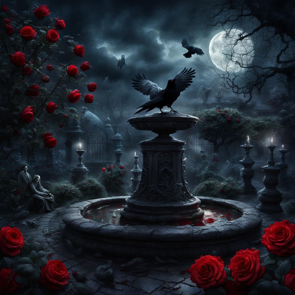 Vampire Night Garden with Fountain and Raven