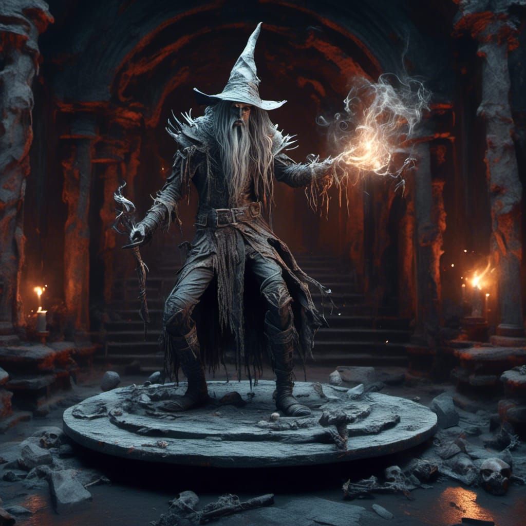Elf Wizard in Shadowy Temple: Dark Fantasy Illustration