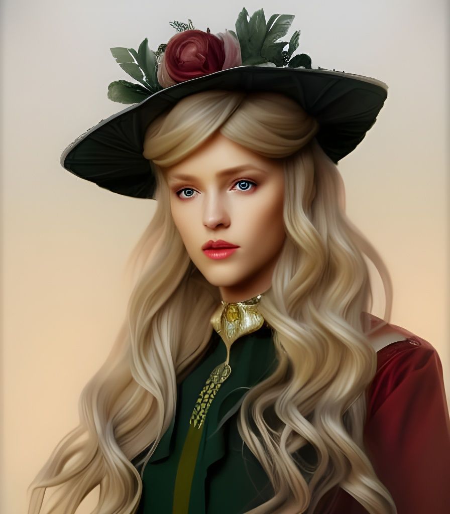 Beautiful medieval lady, long curly, blonde hair, brush stroked hair, realistic grey eyes, symmetrical eyes, wearing a v...