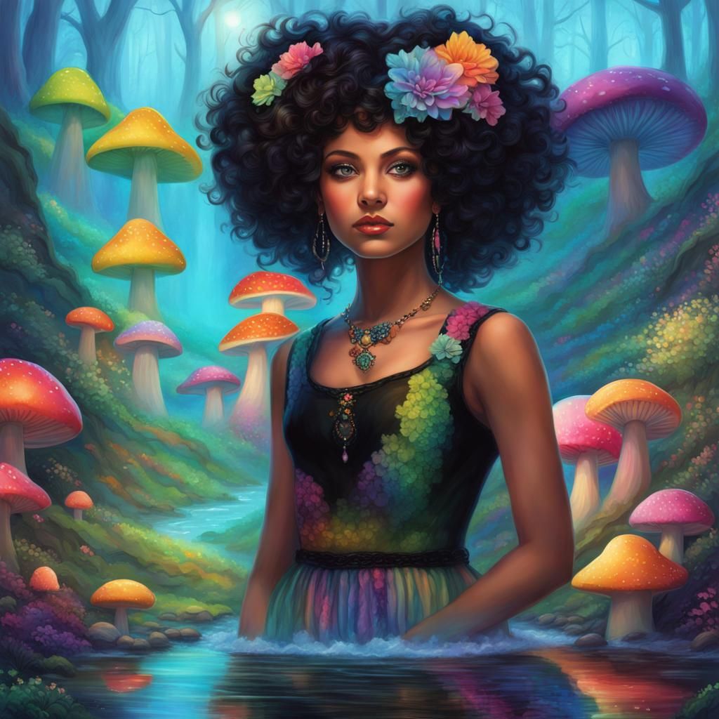 Mushroom Woman in Rainbow Forest