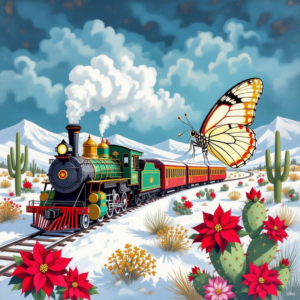 Vivid Winter Train Scene in Frida Kahlo Style