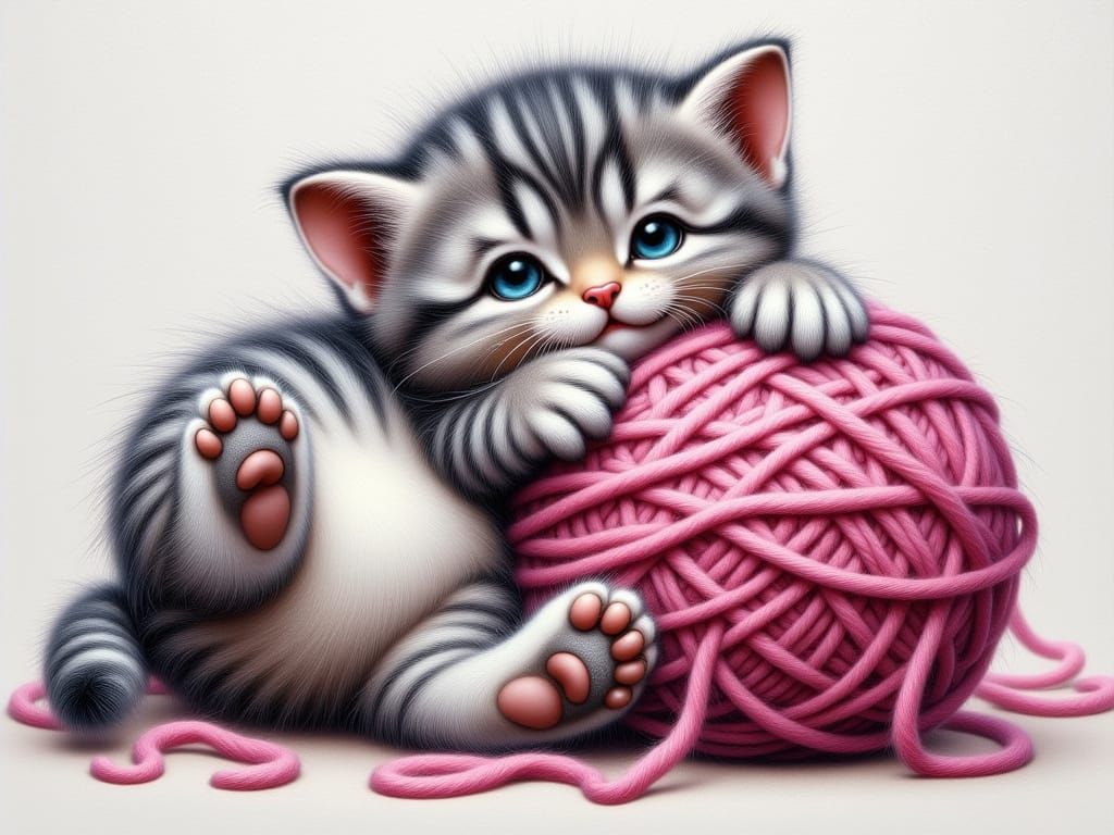 Cute Kitten Tangled in Yarn, Acrylic Airbrush Art