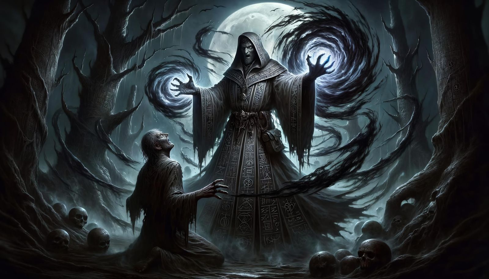 Wizard Casting Curse Spell in Haunted Forest