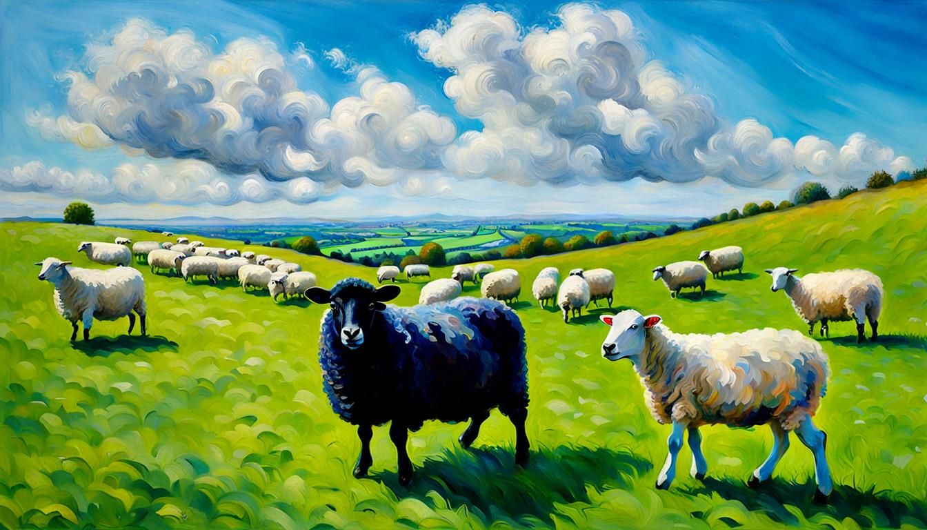 Black Sheep in Impressionist Countryside
