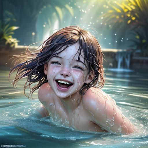 Children Playing in Water: Hyperrealistic Splash Art