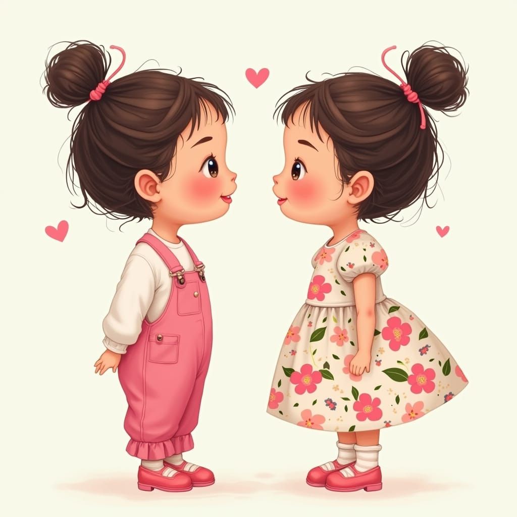 Sweet Twins Exchange Smiles in Whimsical Illustration