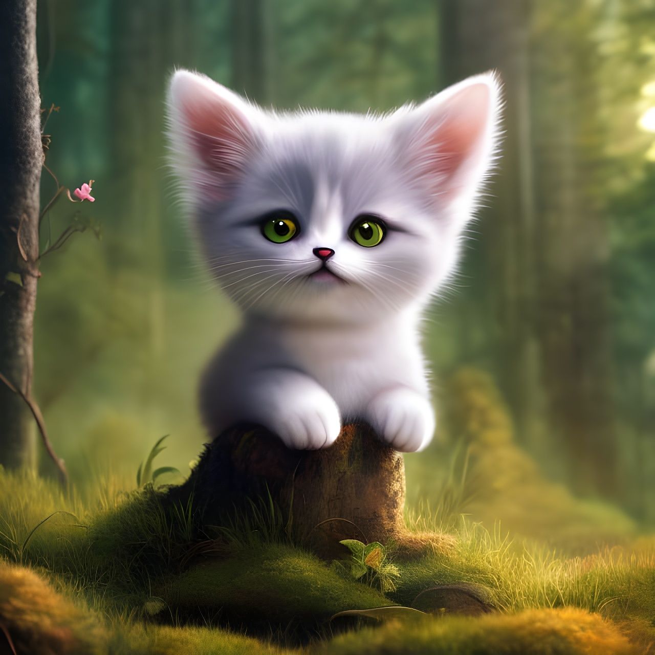 Detailed portrait of a cute cat, Chibi kawaii, brush stroked fur, Octane render, 3d, cat in the jungle, vegetation,   sy...