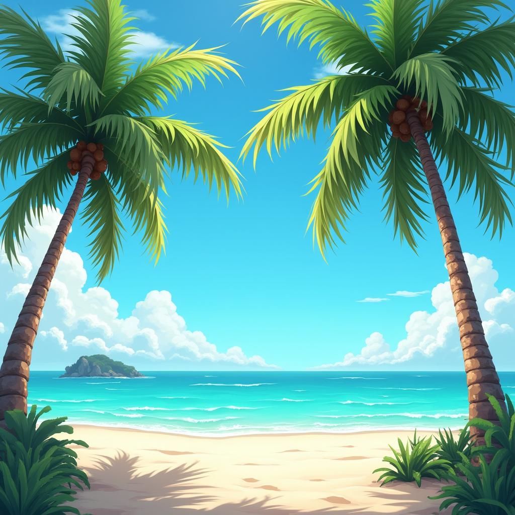 Turquoise Ocean Beach with Palm Trees in 3D Anime Style