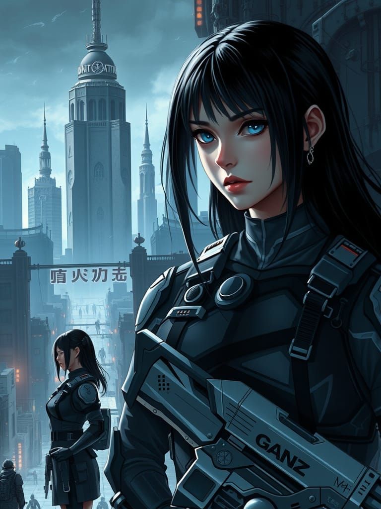 Dystopian Cityscape with Female Figure in Cyberpunk Style