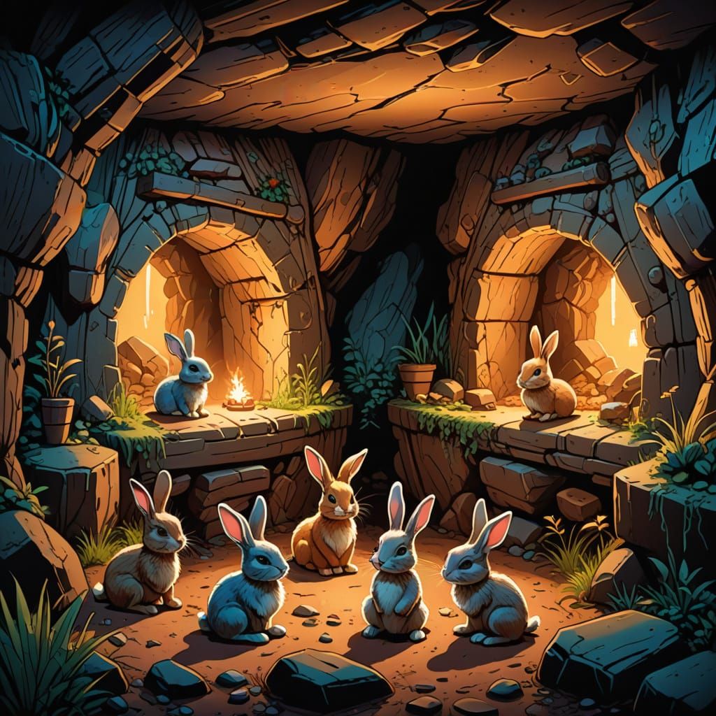Cozy Bunny Family in Whimsical Underground Cave