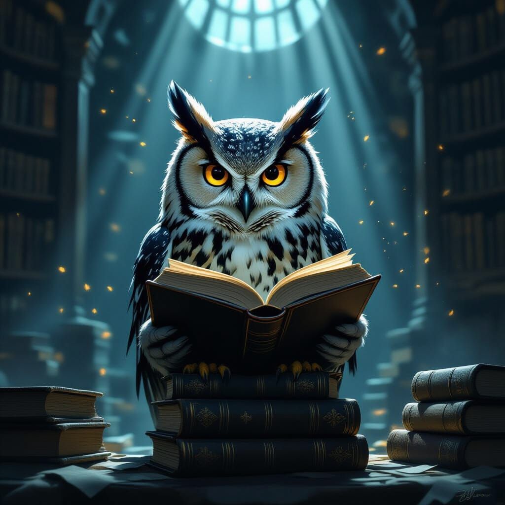 Wise Owl in Dusty Library Concept Art