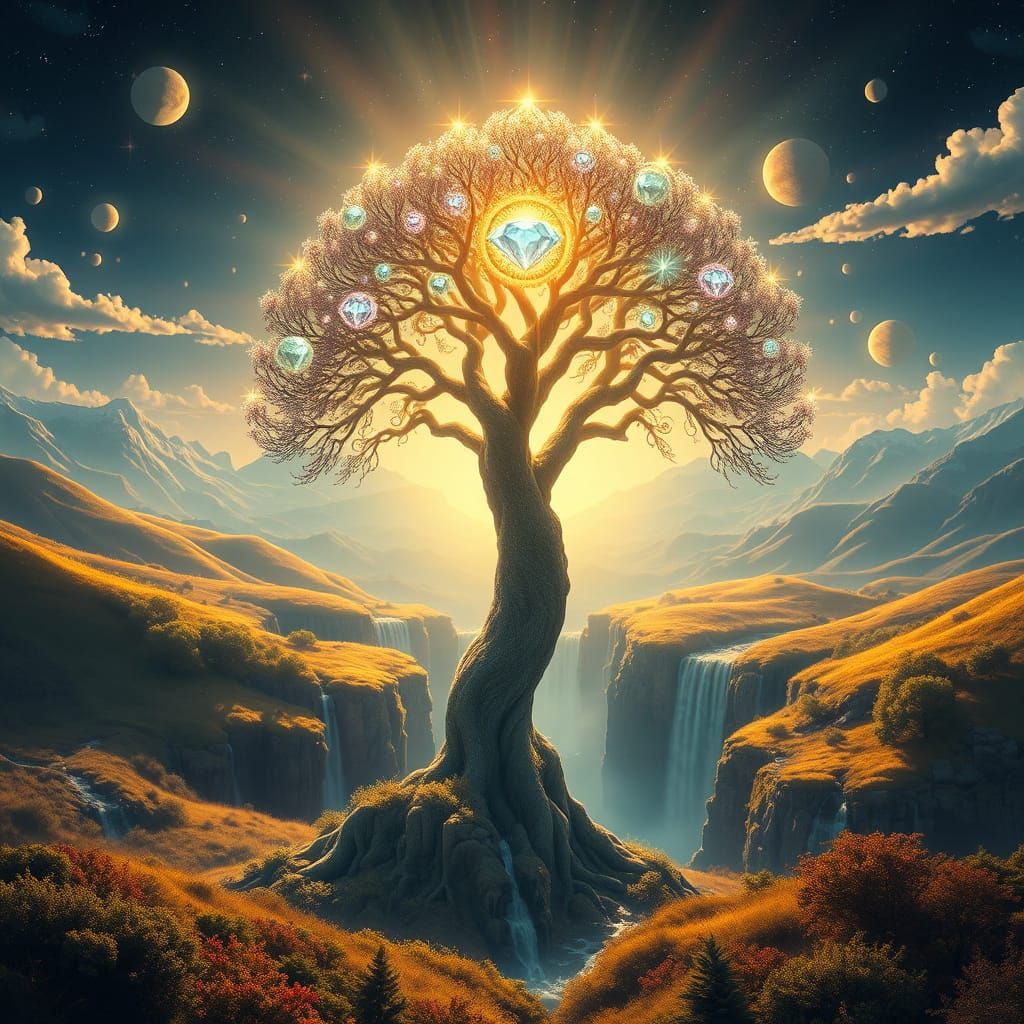 Ancient Tree of Life in Vibrant, Dreamlike Landscape