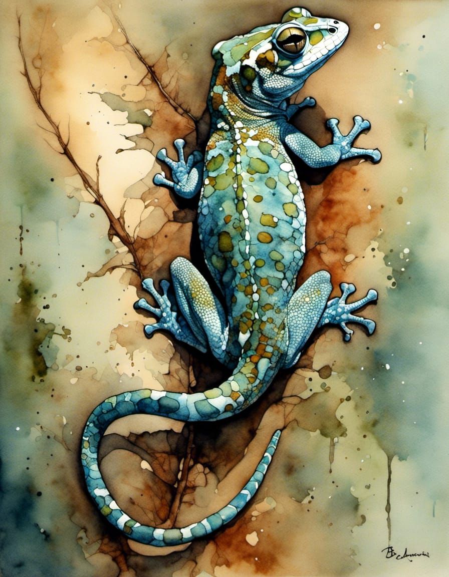 Dramatic Watercolor Gecko Portrait with Acid Ink