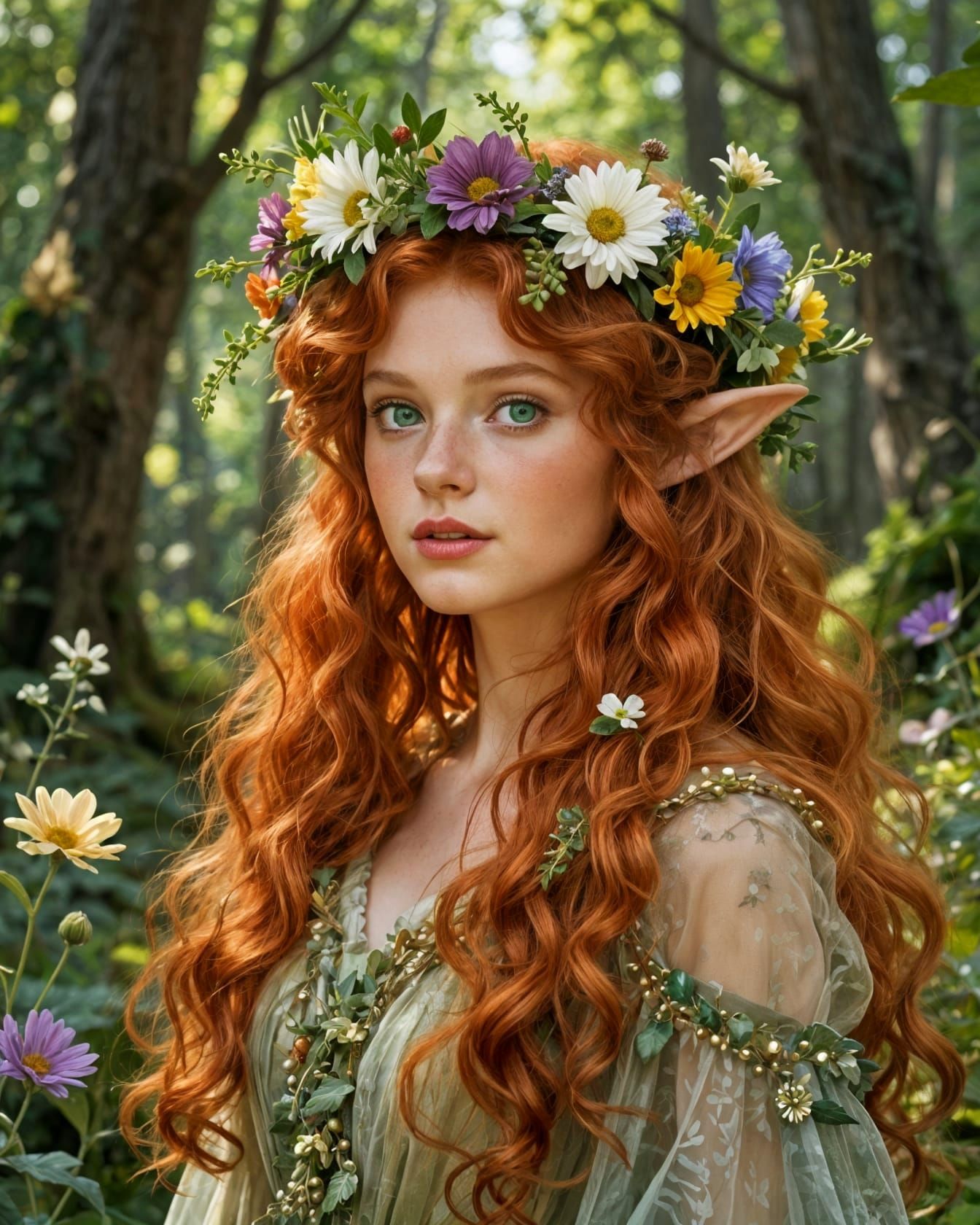 Red-Haired Elf Queen in Enchanted Forest