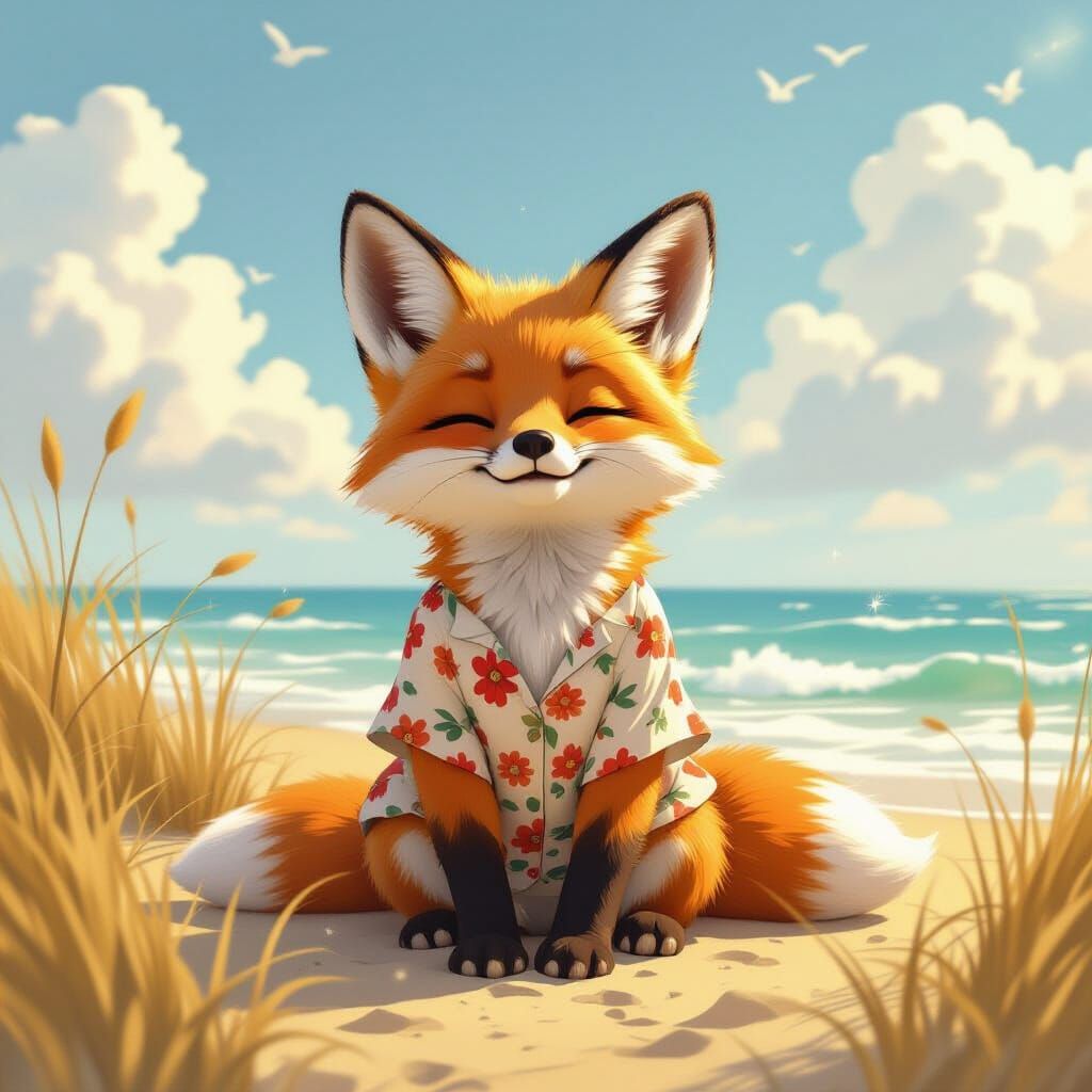 Serene Fox Cub on Sun-Kissed Shore