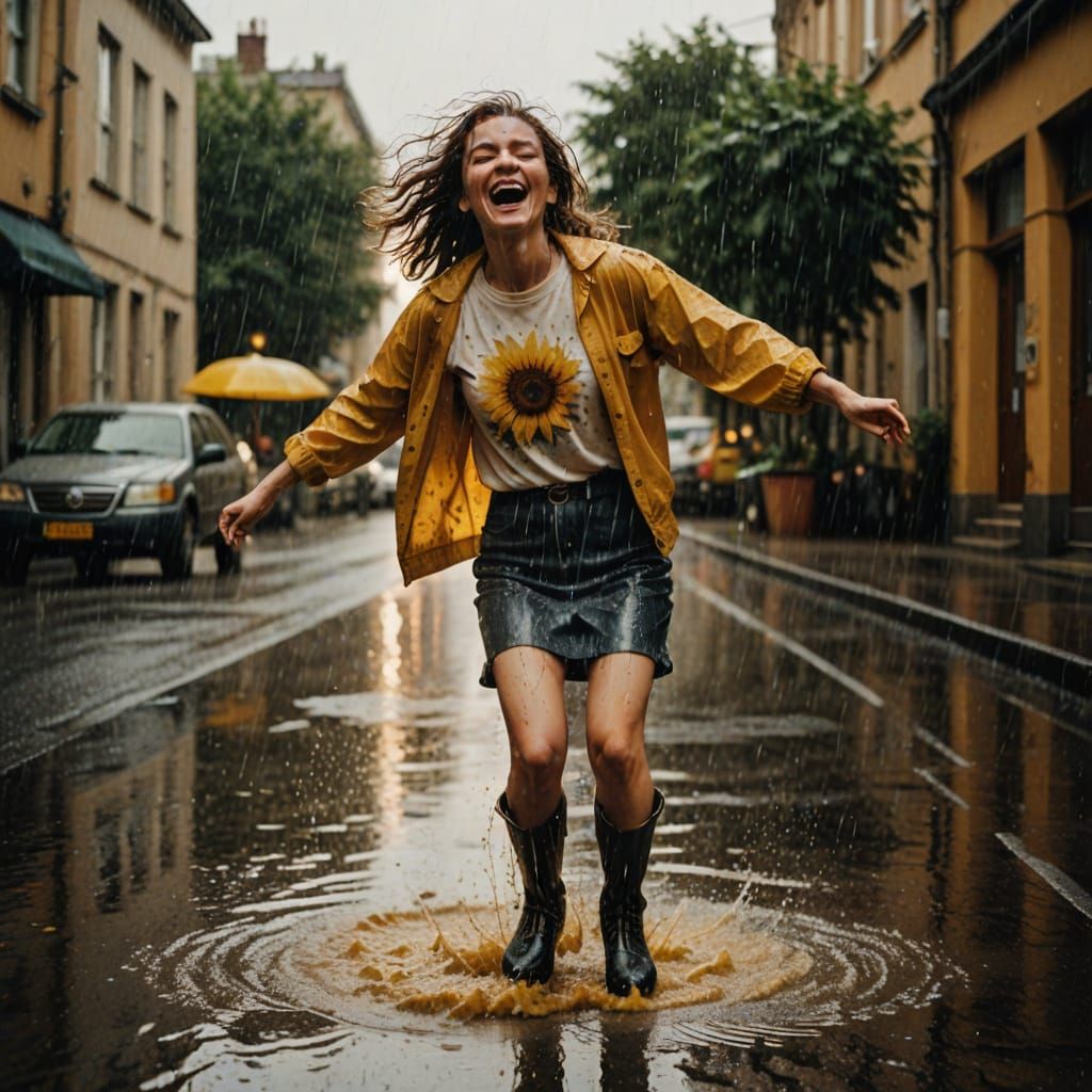 Woman Dancing in Rainy City Street: Film Noir