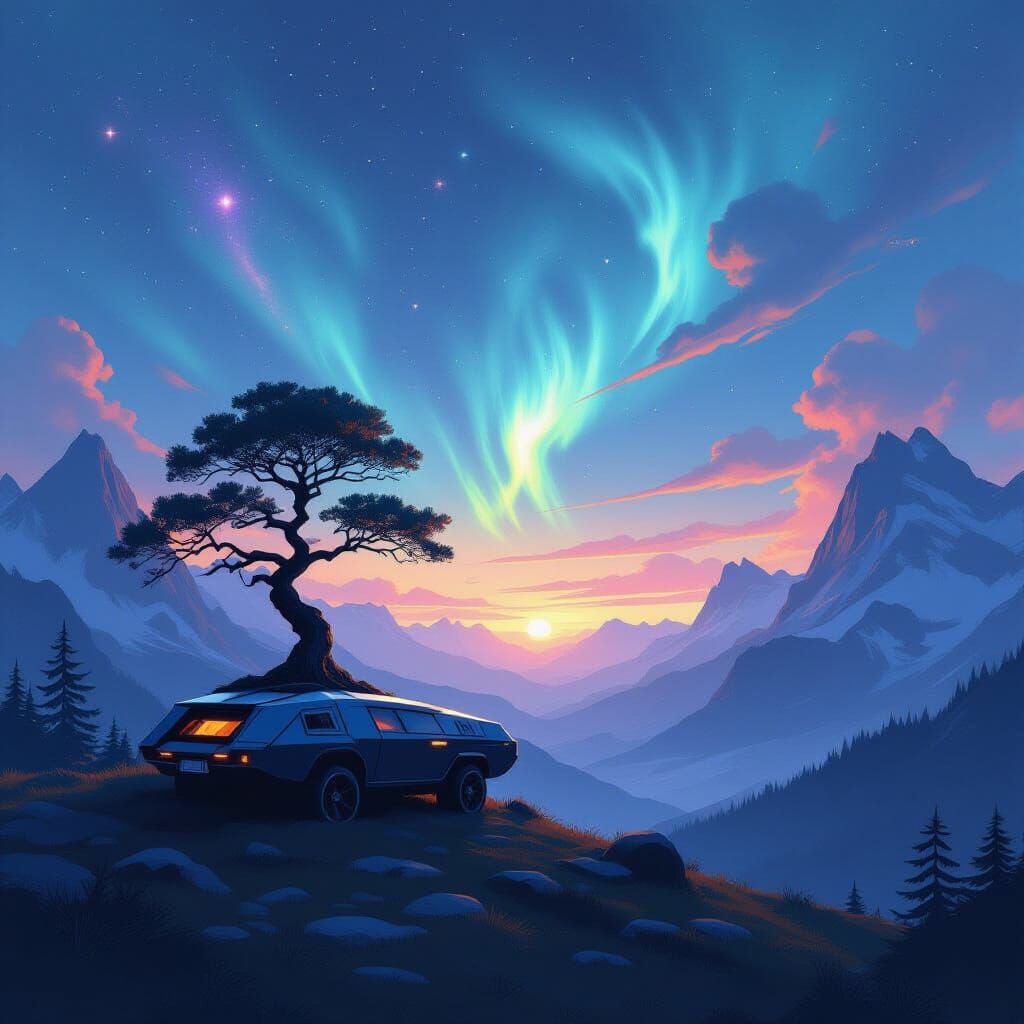 Time Ship on Mountain Under Aurora Sky