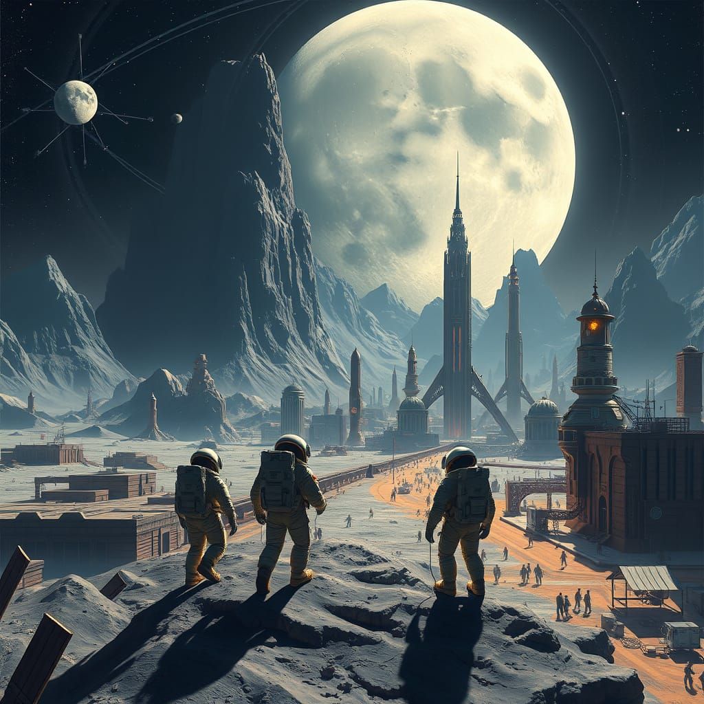 Lunar Cityscape with Astronauts in Digital Painting Style