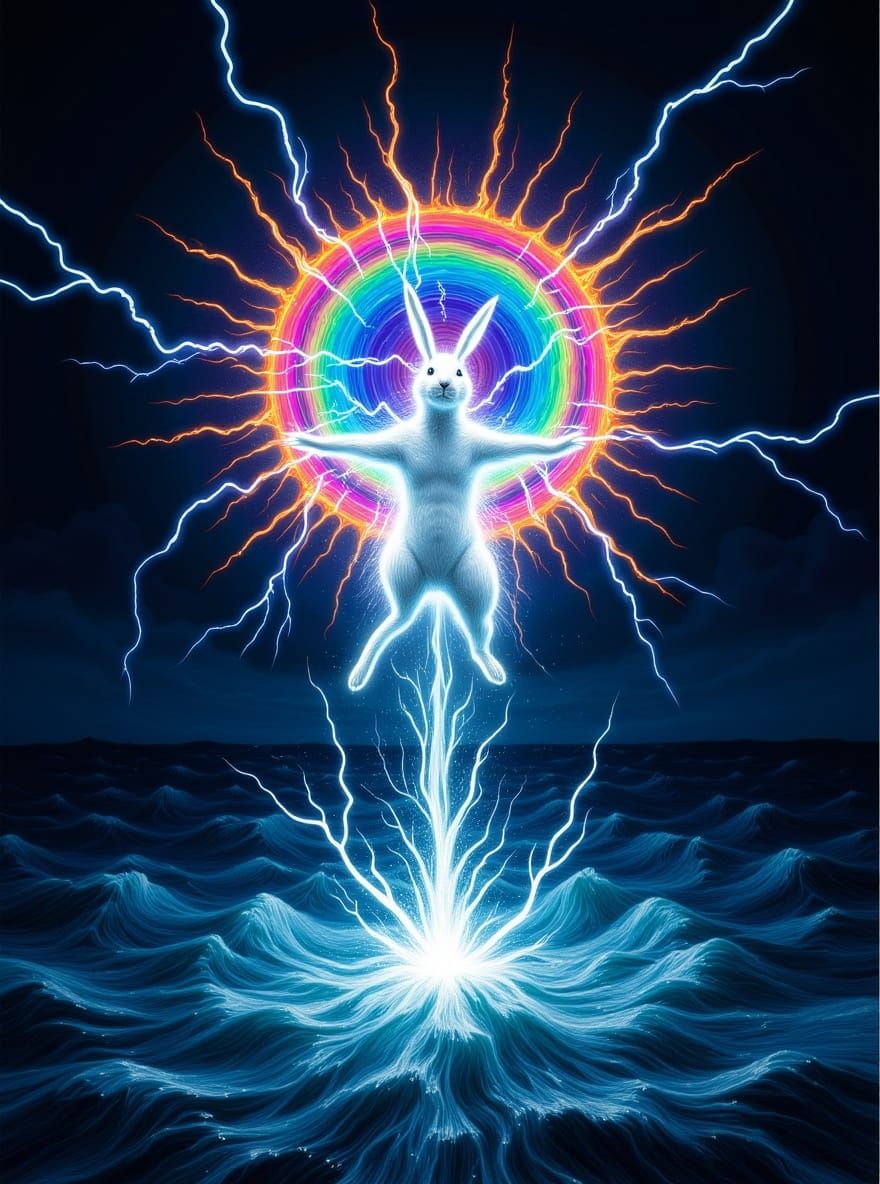 Glowing Rabbit Ascends in Electric Storm