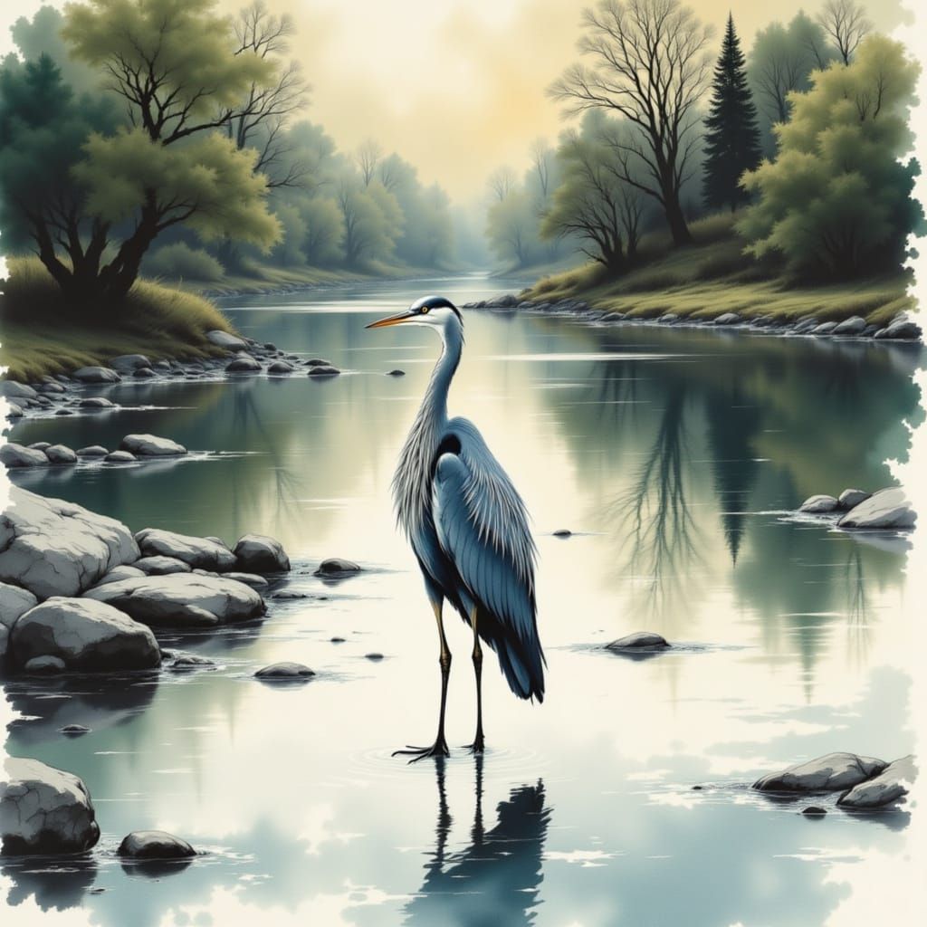 Surrealistic Blue Heron in Serene Pond Landscape