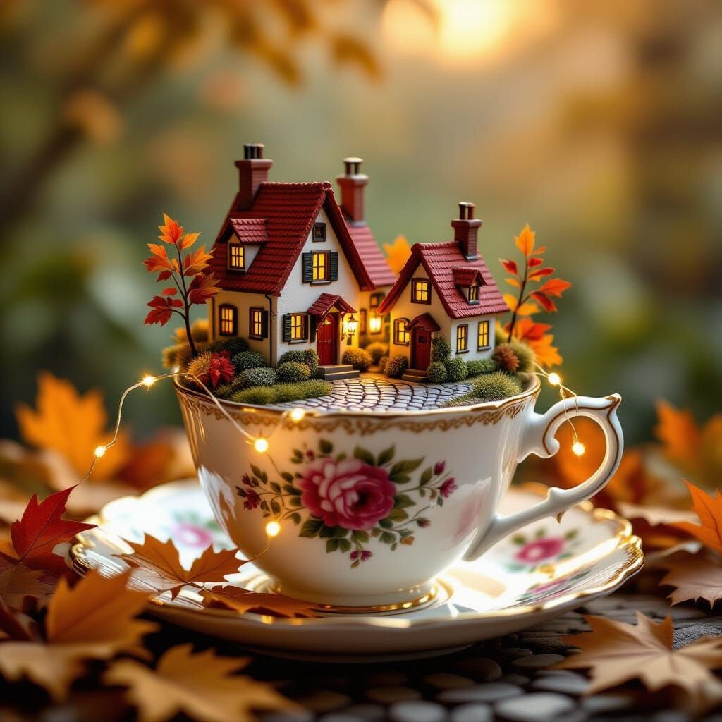 Miniature Village in Teacup: Autumn Fairytale Oil Painting