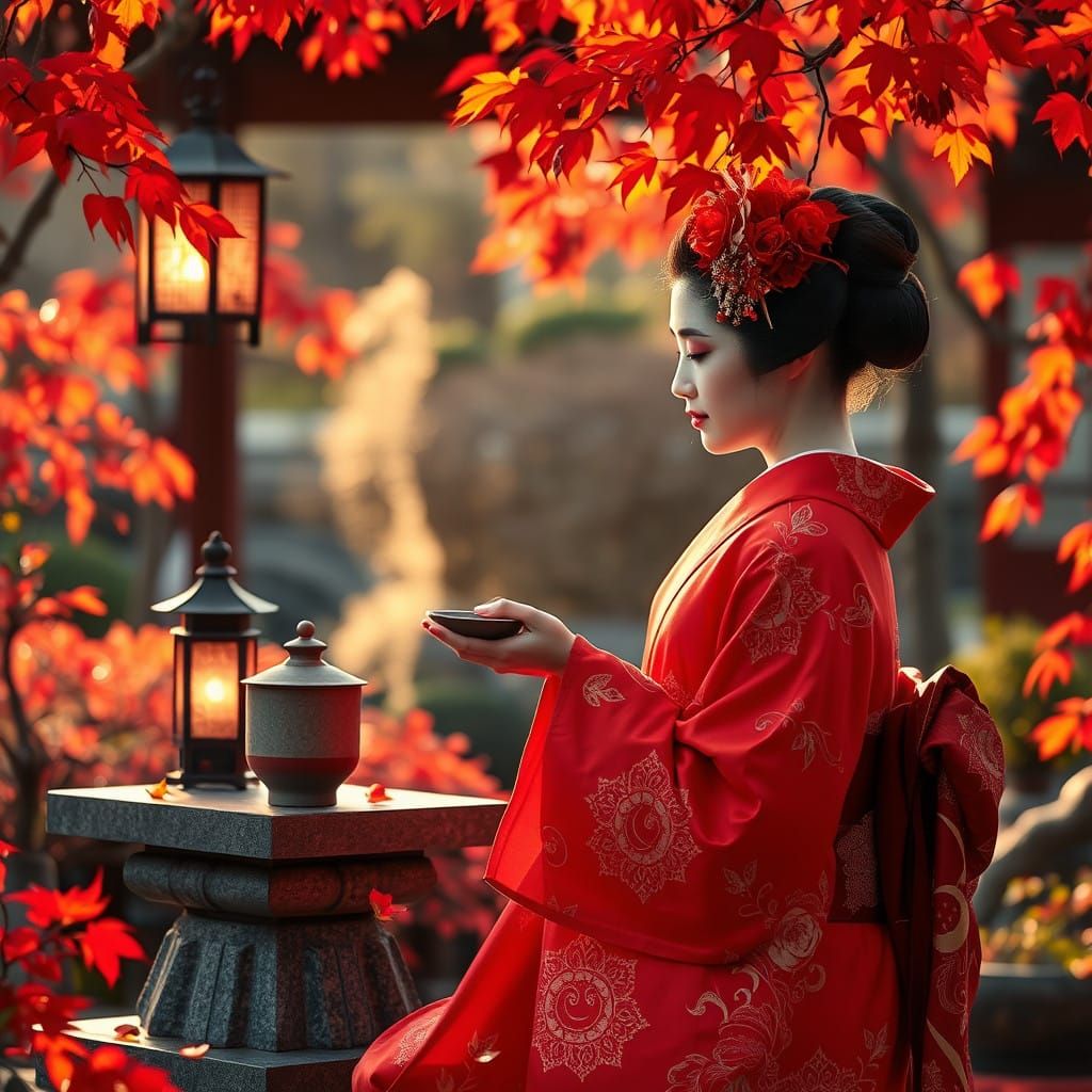 Japonese Geisha in Autumnal Robes Performs Tea Ceremony in L...