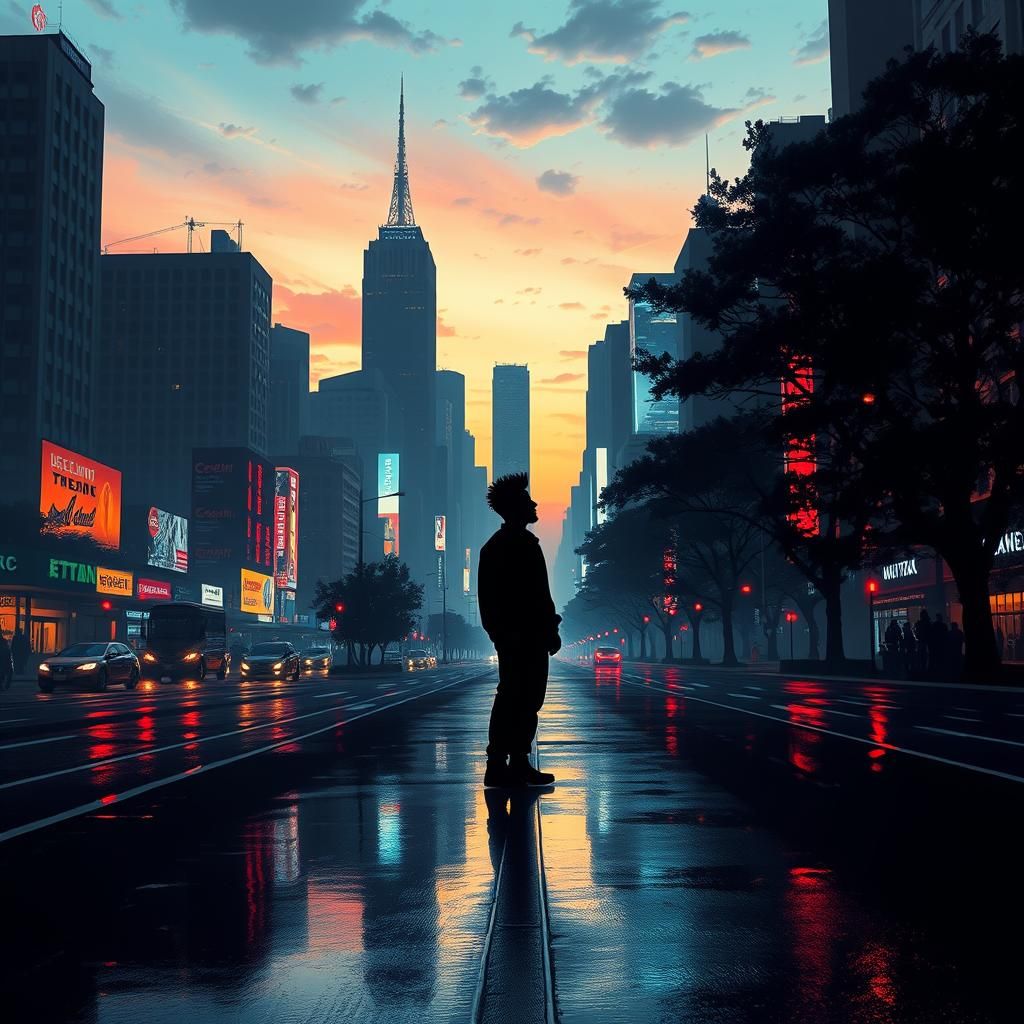 Neon Cityscape Silhouette in Ash Thorp Style
