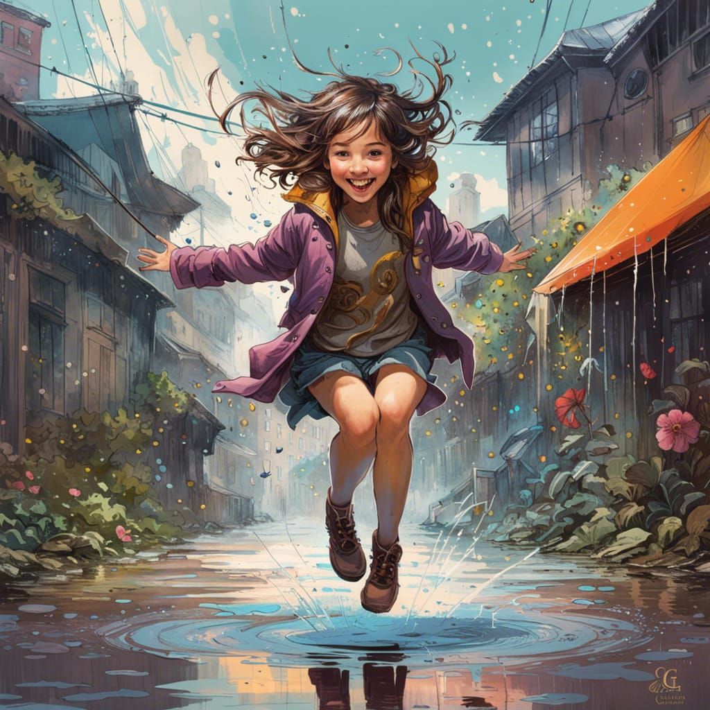Girl Jumping in Puddle, Digital Illustration