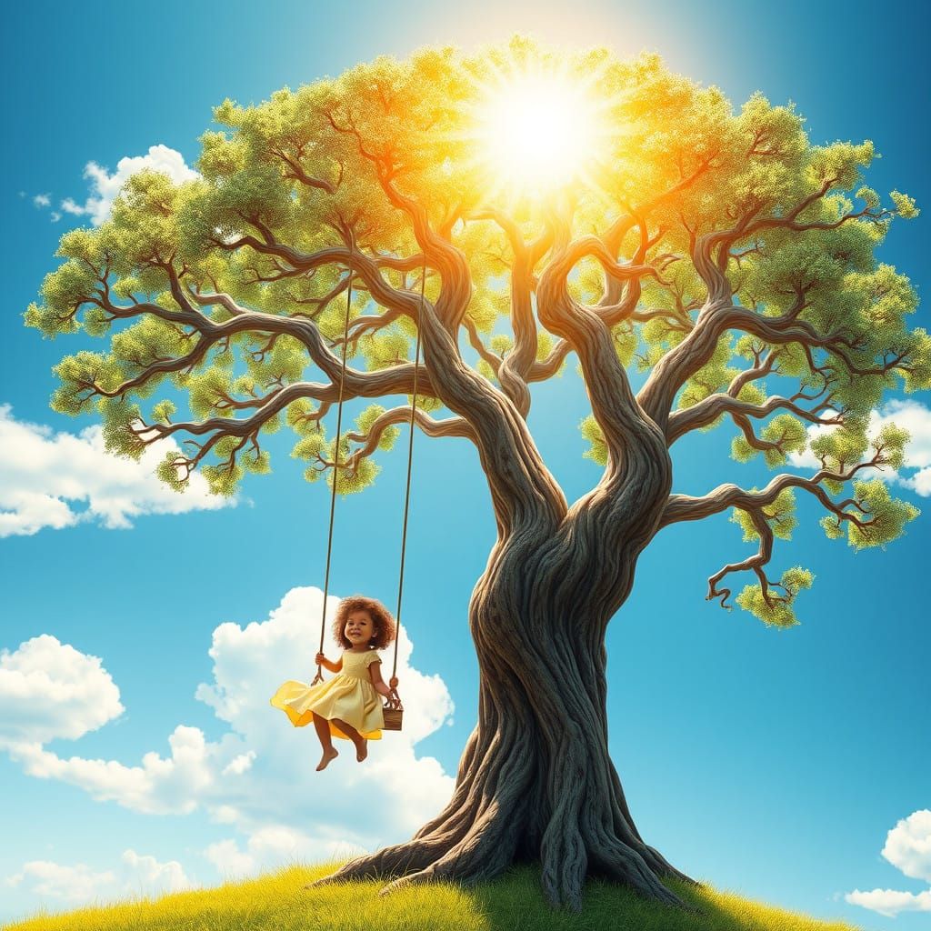 Young Girl's Serene Moment in Radiant Tree Landscape